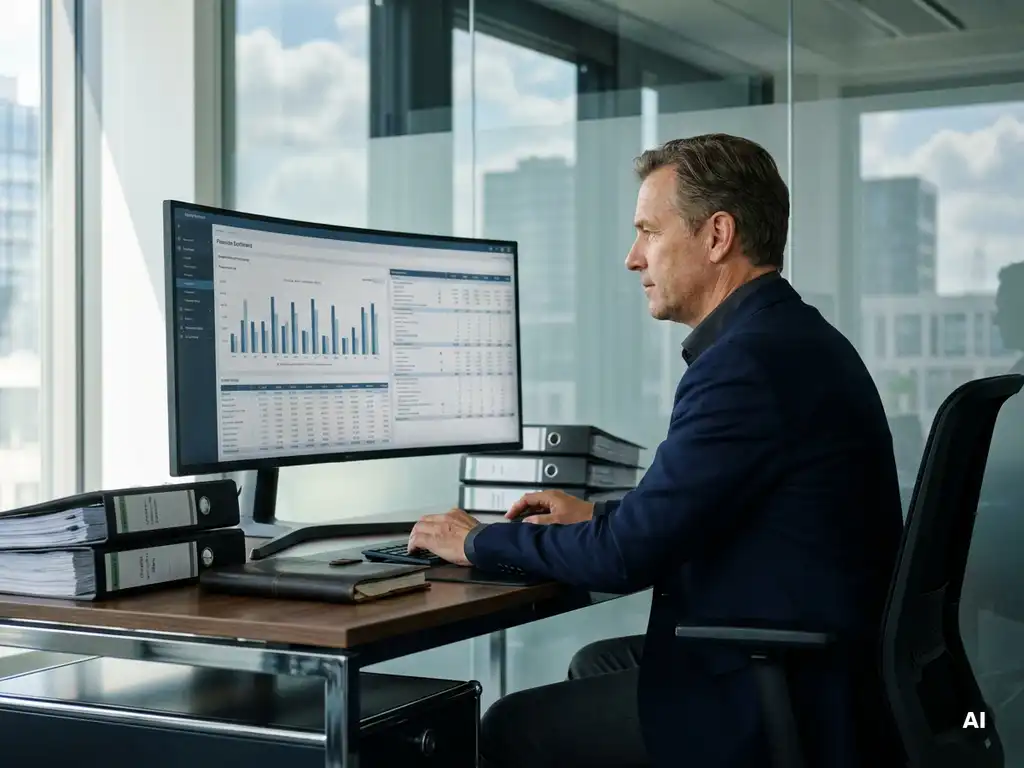 Unternehmensberater analysiert Finanzdashboard auf großem Monitor in modernem Düsseldorfer Büro mit Skyline-Blick.