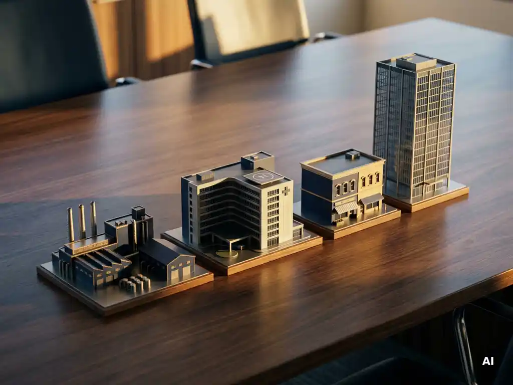 Miniature models of a factory, hospital, retail shop, and office tower on a dark conference table in warm gold light.