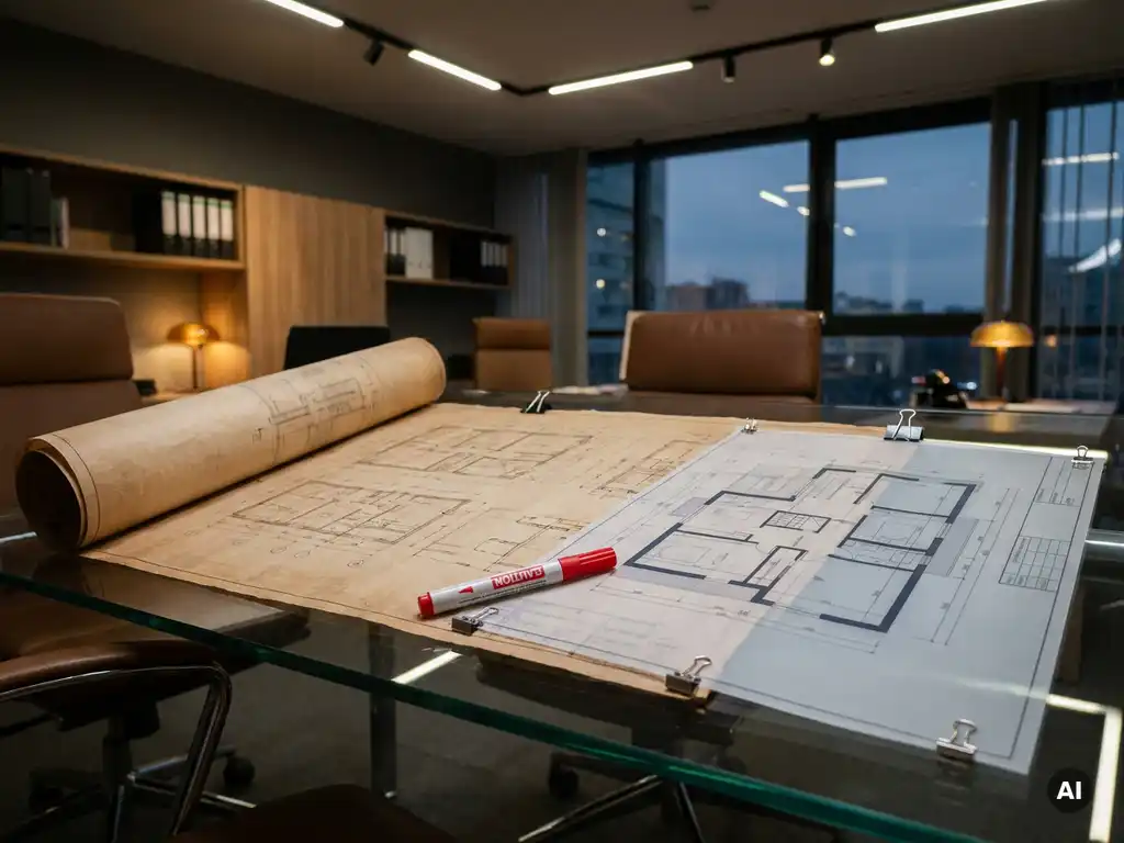 Veralteter Brückenplan neben moderner Architekturzeichnung auf Glasschreibtisch, rote Warnmarkierung am Schnittpunkt.