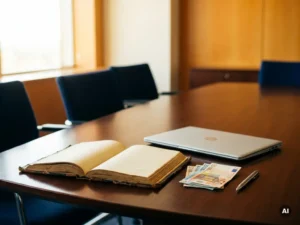 Aufgeschlagenes Ledergebundenes Hauptbuch neben modernem Laptop auf Konferenztisch, mit Euroscheinen und Stift, symbolisiert Systemmigrationskosten.