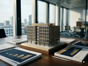 Architekturmodell eines modernen Bürogebäudes auf Konferenztisch mit Finanzplanungsdokumenten und Silberstift, Düsseldorf.