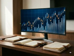 Firemní dashboard s propojenými finančními grafy na velkém monitoru, obklopený plány a zápisníkem na tmavém stole.