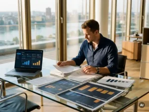 Finanzanalyst prüft Konsolidierungsberichte und Planungsdiagramme an einem Glasschreibtisch in einem modernen Düsseldorfer Büro mit Laptop-Dashboard.
