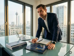 Manažer analyzuje finanční dashboardy a čtvrtletní zprávy u skleněného psacího stolu v moderní výškové kanceláři v Düsseldorfu.