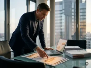 Manažerka analyzuje grafy finančního plánování na skleněném konferenčním stole s notebookem a čtvrtletními zprávami, v pozadí je moderní kancelářská věž v Düsseldorfu.