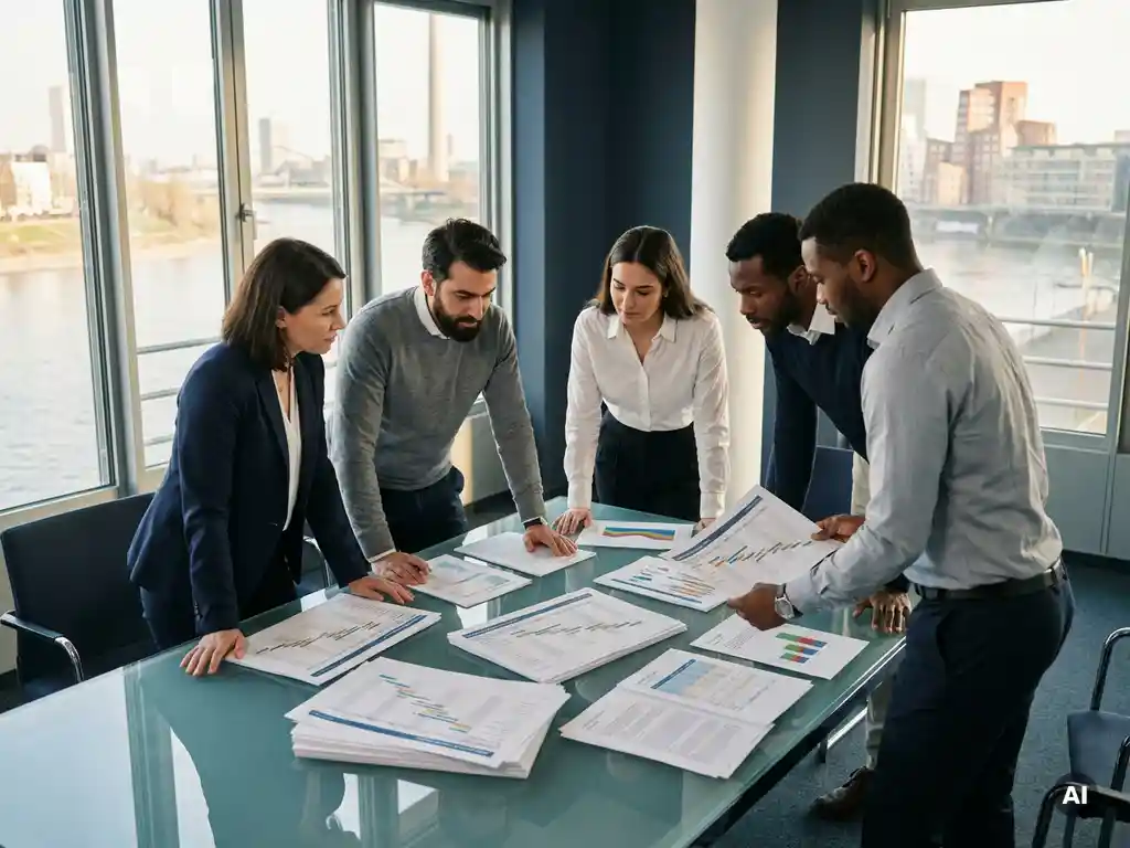 Fünf Finanzfachleute besprechen Projektplanungsunterlagen an einem Glastisch in einem modernen Düsseldorfer Büro mit Panoramafenstern.