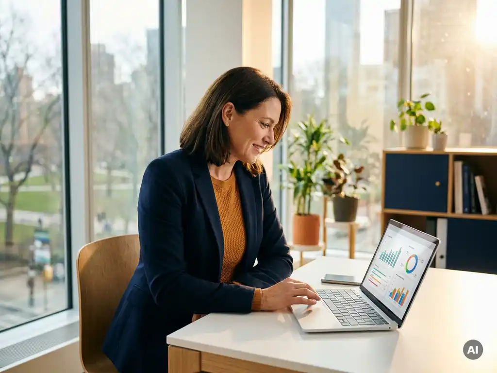 Selbstbewusster Unternehmer im Smart-Casual-Look analysiert Finanzdashboards auf einem Laptop in modernem, sonnendurchflutetem Büro.