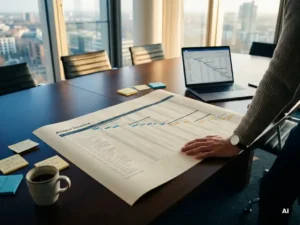 Gantt-Projektplan auf Konferenztisch mit Laptop, Kaffeetasse und Haftnotizen in modernem Düsseldorfer Büro.