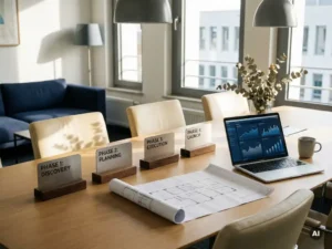 Projektmeilenstein-Marker auf Konferenztisch neben Laptop mit Finanzdashboard und Architekturplan, Unternehmensberatung Düsseldorf.