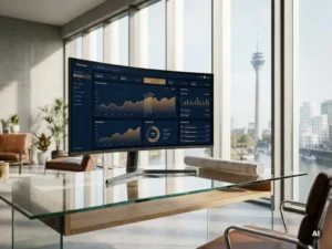 Ultrawide-Monitor mit mehrschichtigen Finanzdiagrammen auf einem Glastisch in einem modernen Düsseldorfer Büro, Architekturplan daneben.
