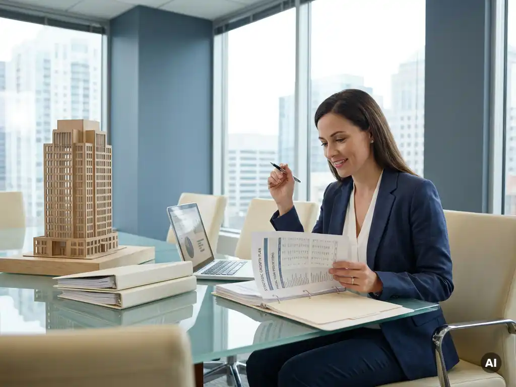 Management consultant in business attire reviewing financial planning documents on a glass table with a laptop, files and an architectural model in the background.