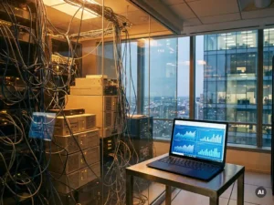 Veraltete Server mit Kabelsalat neben modernem Laptop mit Finanzdashboard in gläsernem Rechenzentrum eines Unternehmens.